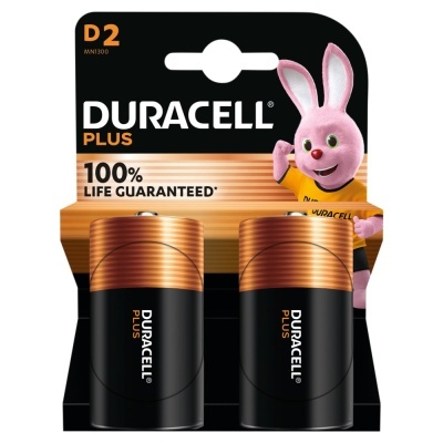 Pack de pilhas D2 Duracell Plus com duas unidades e embalagem com coelho cor-de-rosa