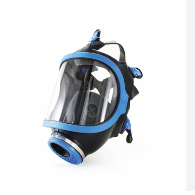 Máscara de proteção respiratória preta e azul com visor transparente