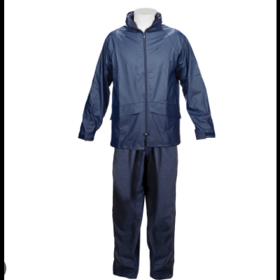 Fato impermeável azul escuro com casaco e calças em material sintético