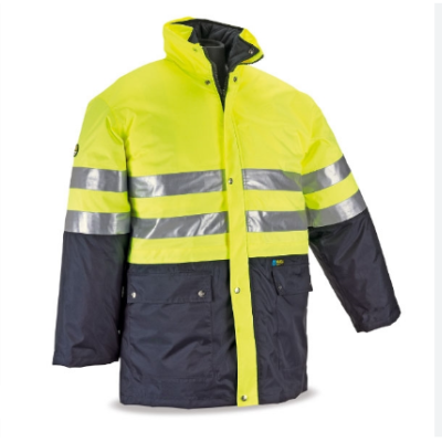 Casaco alta visibilidade amarelo fluorescente com faixas refletoras cinzentas e parte inferior azul escuro.