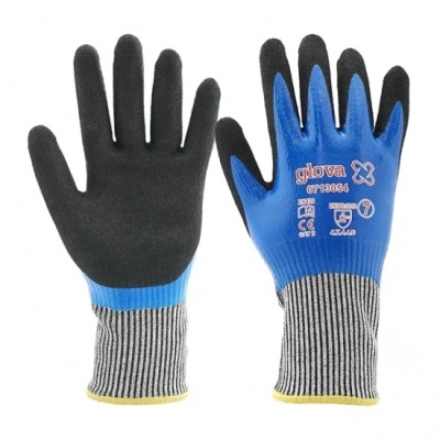 Par de luvas de proteção preto e azul com texto e punhos riscado preto e branco