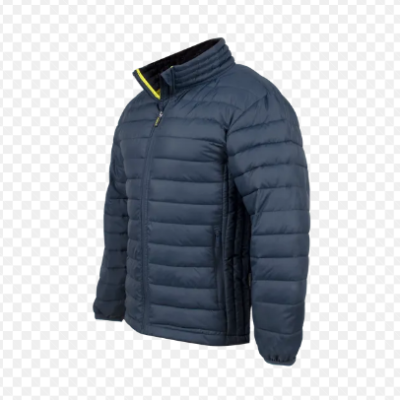 Casaco acolchoado azul escuro com fecho e gola alta