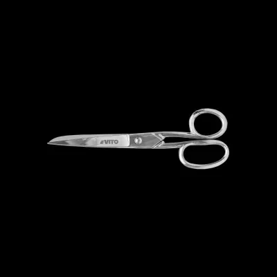 Tesoura metálica prateada com texto VITO