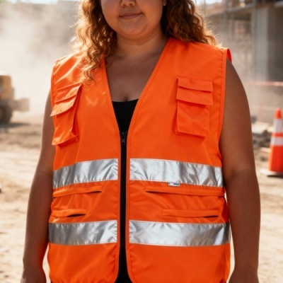 Colete de segurança laranja com faixas refletoras em ambiente de construção