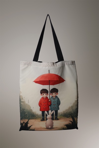 Mala de tecido com ilustração de duas crianças com guarda-chuva vermelho e coelho
