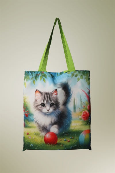 Saco de tecido com estampa de gato cinzento e branco e alças verdes