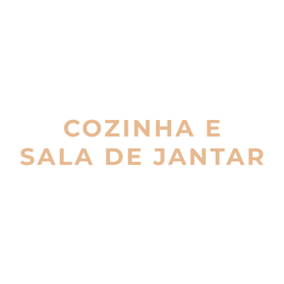 Texto 'COZINHA E SALA DE JANTAR' em letras grandes e bege sobre fundo branco
