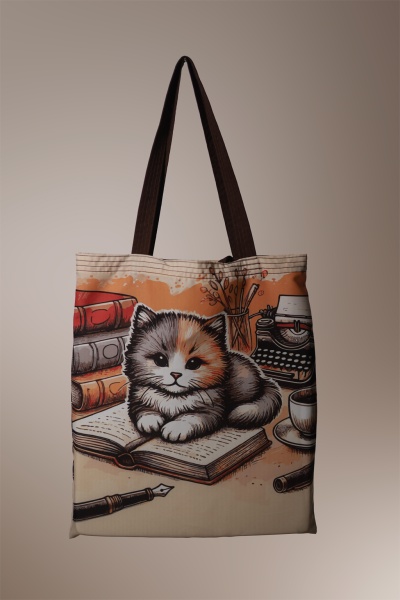 Saco de lona com impressão de gato e objetos de escrita