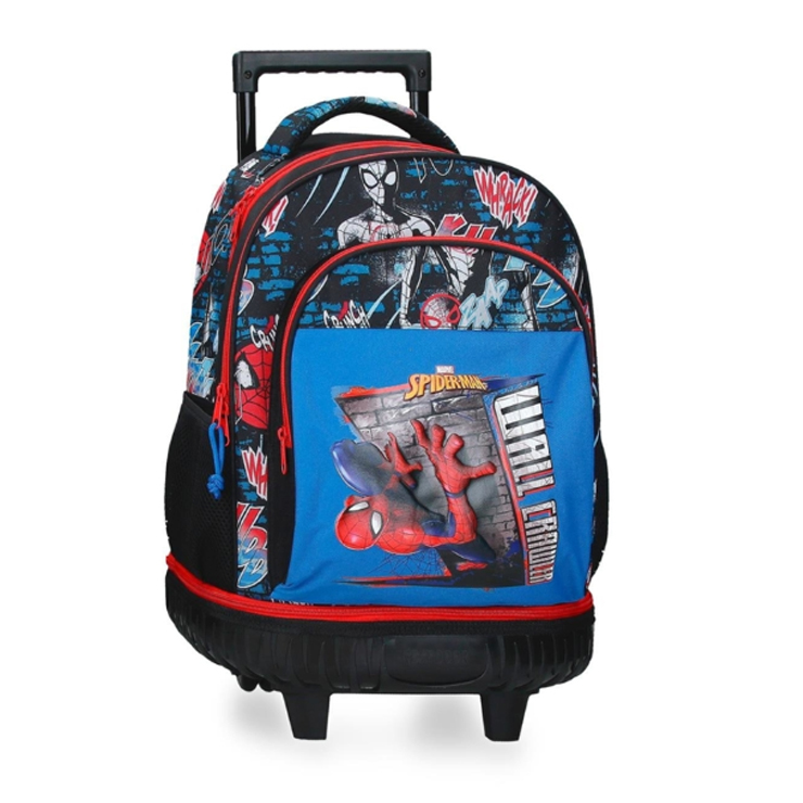 Trolley Escolar Compacta 2R Spiderman Wall Crawler Mochila de rodinhas Homem-Aranha azul, preto e vermelho com estampa e bolsos