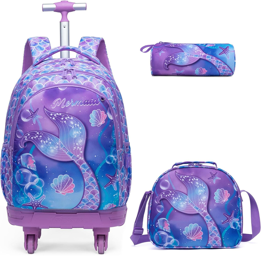 Conjunto Escolar Trolley Sereia - Trolley + lancheira + porta-lápis Conjunto de mochila com rodas, estojo e bolsa tiracolo com padrão de sereia em roxo e azul