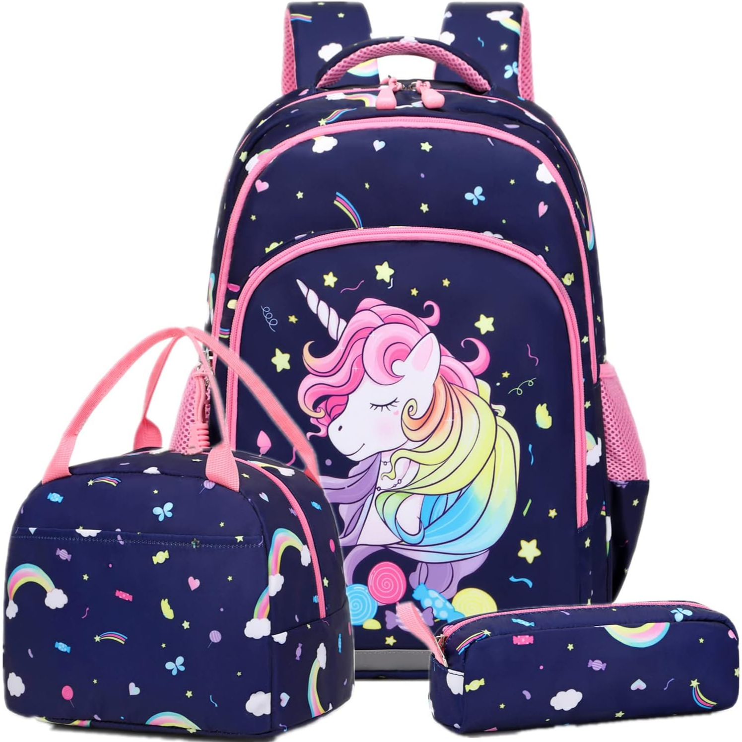 Conjunto Escolar Unicórnio - Mochila + lancheira + porta-lápis Conjunto mochila, bolsa e estojo azul escuro com padrão de unicórnios coloridos e estrelas