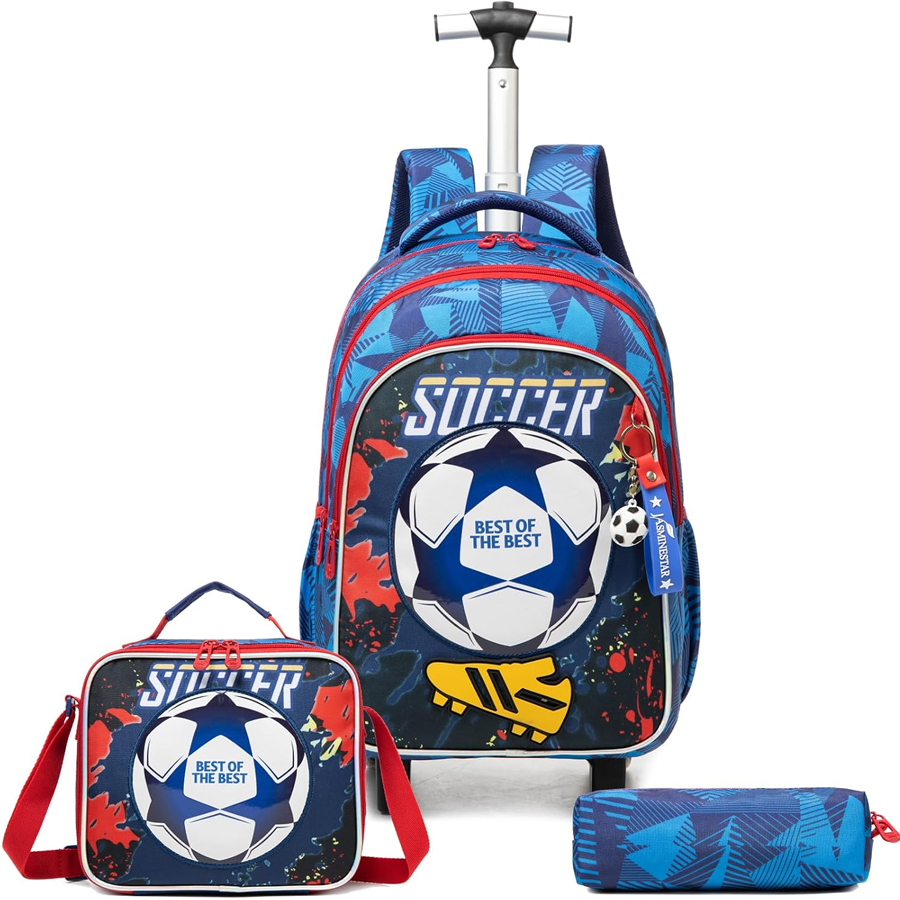 Conjunto Escolar Trolley Bola Futebol - Trolley + lancheira + porta-lápis Conjunto de mochila, lancheira e estojo com estampa de futebol em azul e vermelhos.