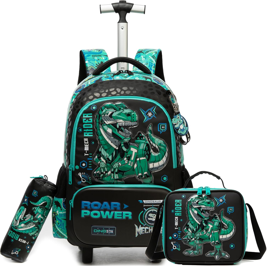 Conjunto Escolar Trolley Jurassic - Trolley + lancheira + porta-lápis Conjunto mochila de rodas, estojo e garrafa com estampa de dinossauro robótico verde