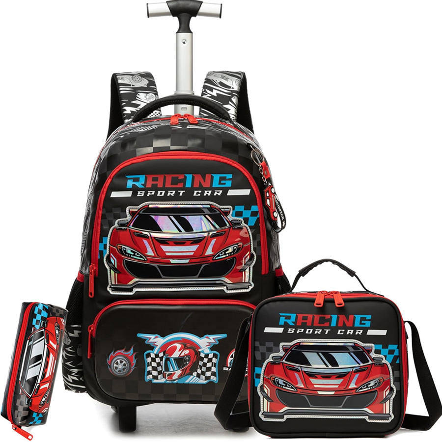 Conjunto Escolar Trolley Racing Cars Conjunto escolar com mochila, estojo e lancheira com estampas de carros vermelhos e texto RACING SPORT CAR.