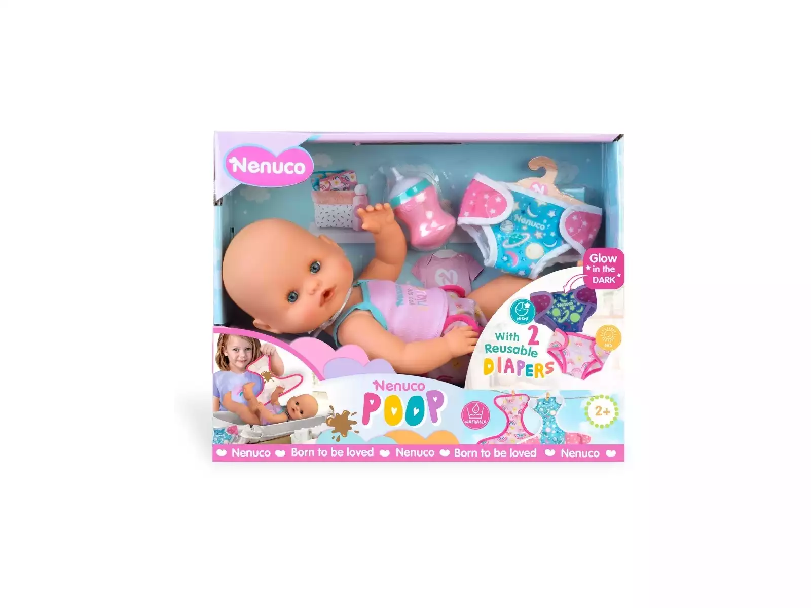 Nenuco Faz Cocó Boneca Nenuco com fraldas reutilizáveis e biberão em embalagem