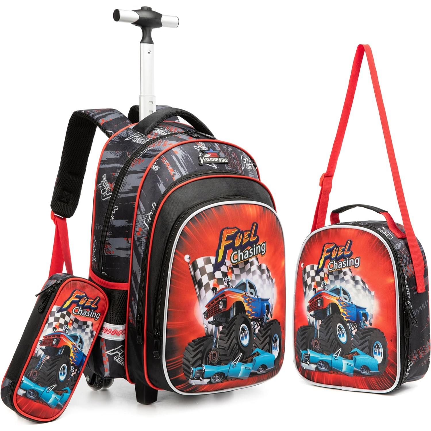 Conjunto Escolar Fuel Chasing - Trolley Escolar + Lancheira + Porta-lápis Conjunto escolar com mochila, lancheira e estojo estampados com carro de corrida e texto Fuel Chasing.