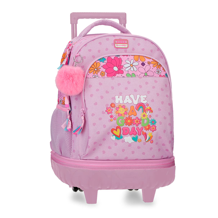 Trolley Escolar Movom Good Day 43cm Mochila de rodinhas cor-de-rosa com estampas florais e frase HAVE A GOOD DAY