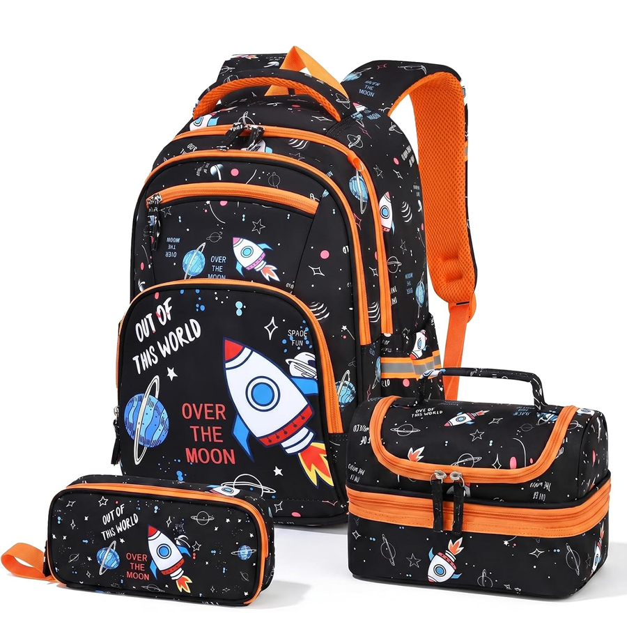 Conjunto Escolar Space Moon - Mochila + lancheira térmica + porta-lápis Conjunto mochila, estojo e lancheira com tema espacial em preto e laranja