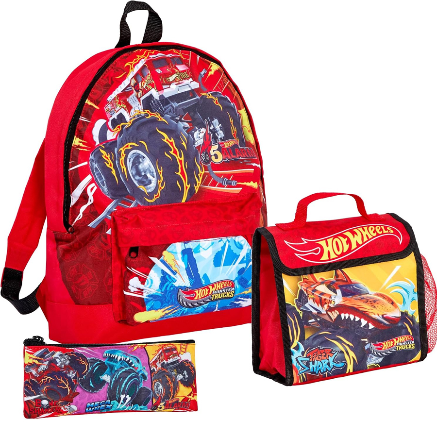 Conjunto Escolar Hot Wheels - Mochila + lancheira térmica + porta-lápis Mochila, lancheira e estojo Hot Wheels com estampas de carrinhos monstruosos coloridos