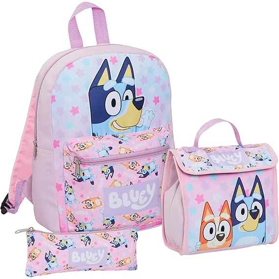 Conjunto Escolar Bluey e Bingo - Mochila + lancheira térmica + porta-lápis Conjunto rosa com mochila, lancheira e estojo decorados com personagens do desenho Bluey e estrelas