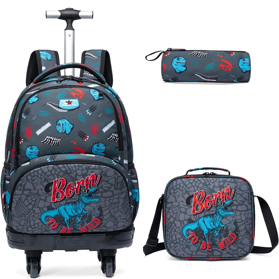 Conjunto Escolar Trolley Jurassic - Trolley + lancheira + porta-lápis Conjunto de mochila com rodas, lancheira e estojo com padrão de dinossauros e texto Born To Be Wild