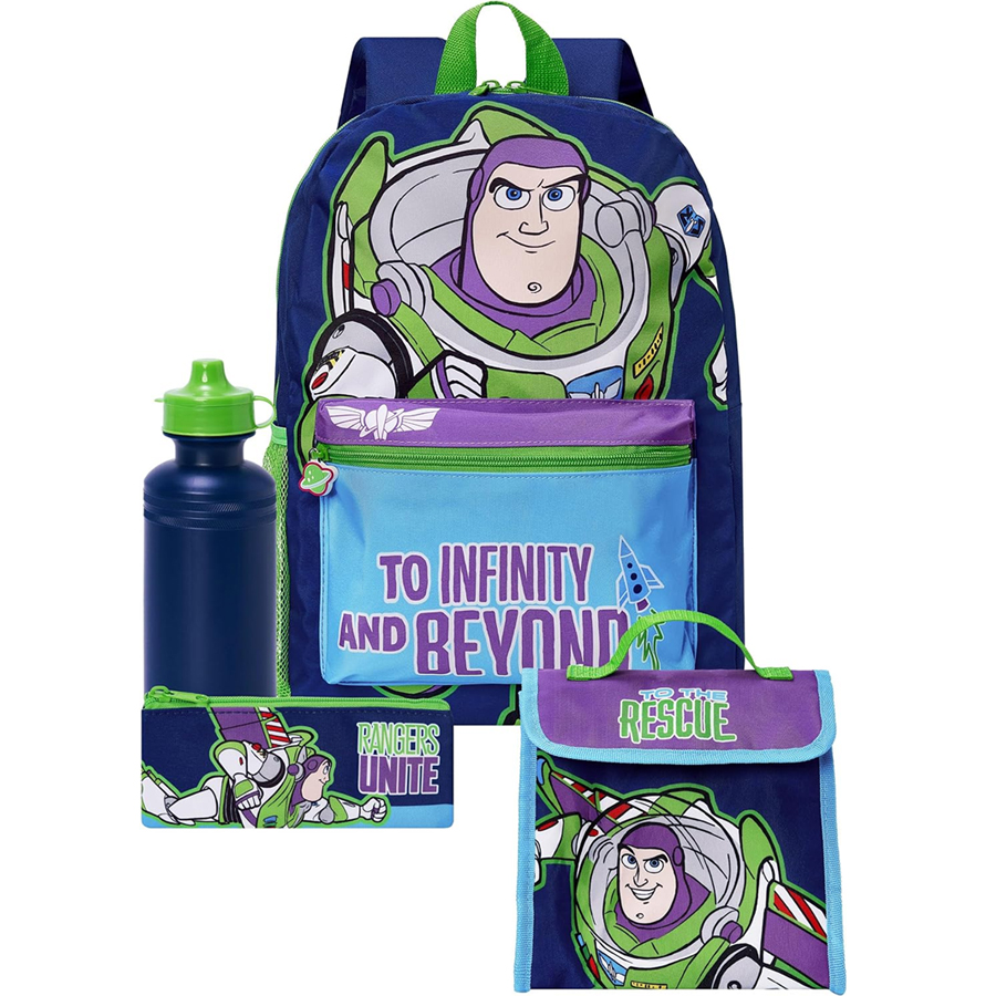 Conjunto Escolar Buzz Toy Story - Mochila + lancheira + garrafa + porta-lápis Conjunto de mochila, garrafa, estojo e saco para lanche azuis com estampa de Buzz Lightyear e texto em inglês