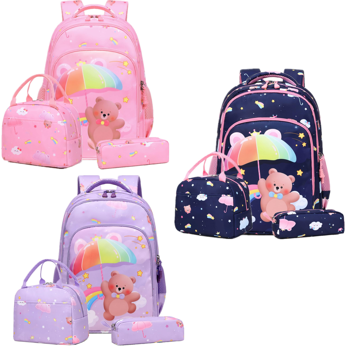 Conjunto Escolar Ursinho - Mochila + lancheira + porta-lápis - várias cores Conjuntos de mochilas infantis em rosa, lilás e azul escuro com estampa de urso e guarda-chuva colorido.
