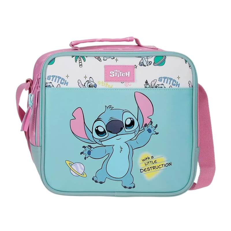 Lancheira térmica Stitch Little Destruction Verde Turquesa Disney Mala azul e rosa com personagem Stitch da Disney e texto decorativo