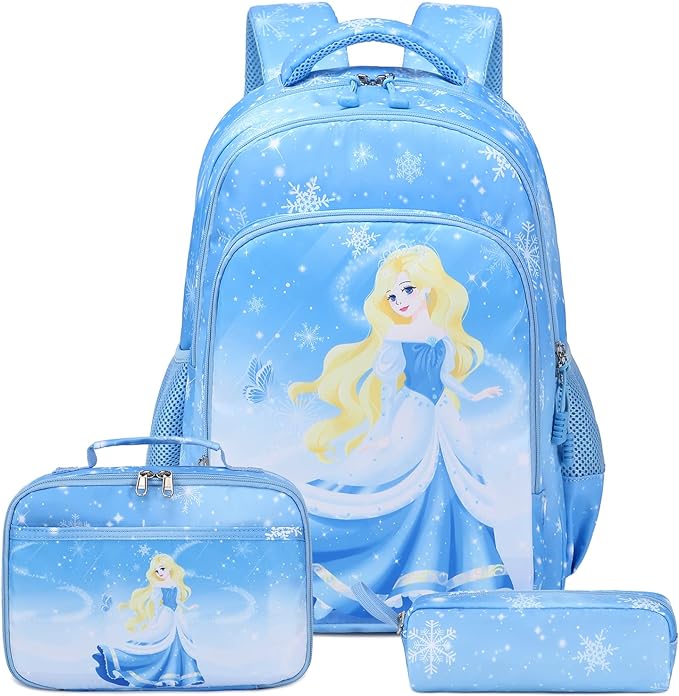 Conjunto Escolar - Mochila + lancheira térmica + porta-lápis - Cinderela Azul stars Conjunto azul claro com mochila, estojo e lancheira decorados com princesa loira e flocos de neve