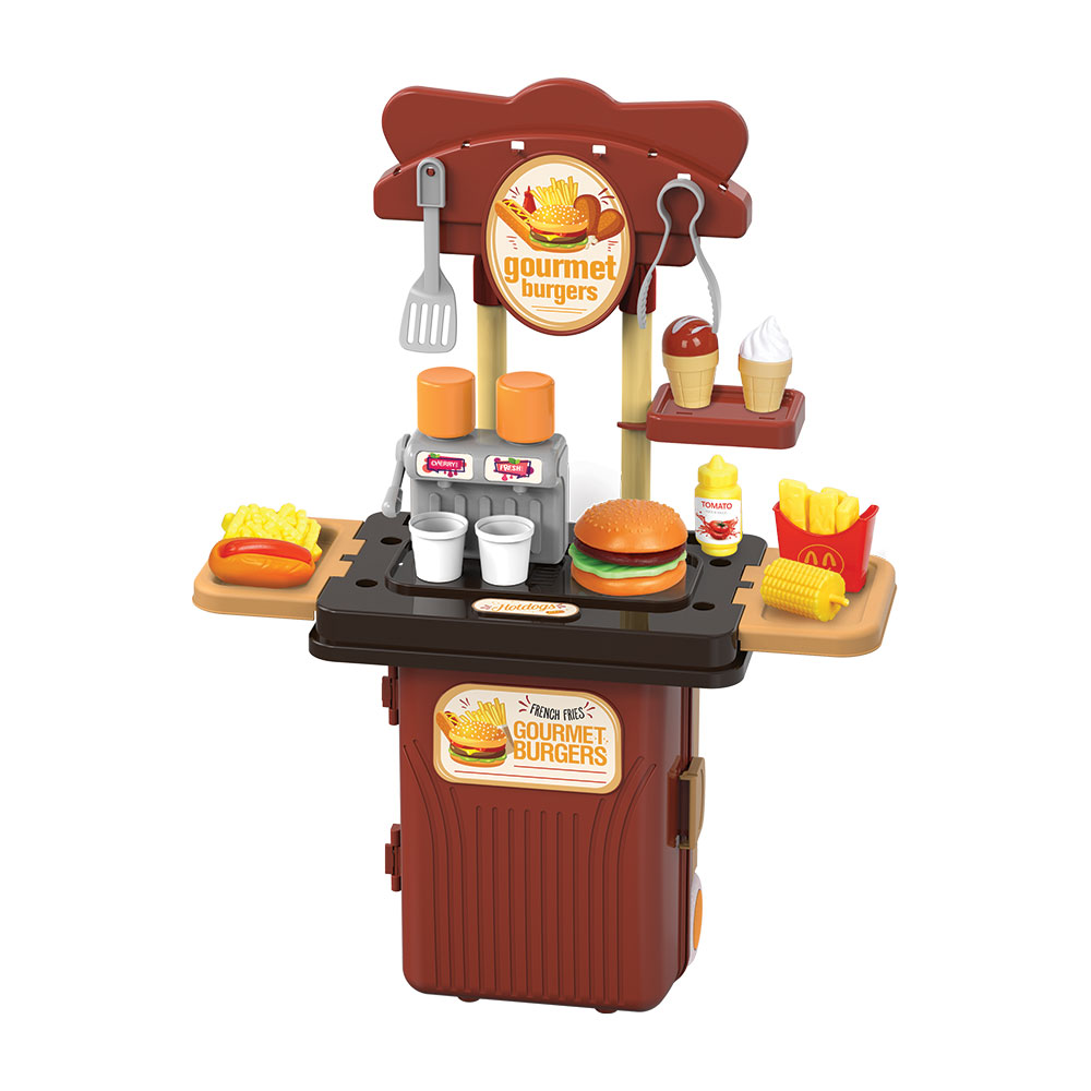 GIROS MINI TROLLEY 4 EM 1 HAMBURGARIA Brinquedo de cozinha gourmet burgers em plástico com grelha, utensílios e alimentos de brincar