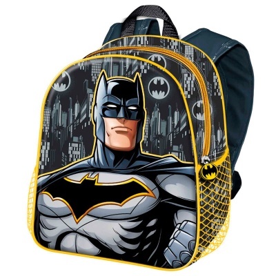 Mochila infantil preta com imagem do Batman e detalhes amarelos