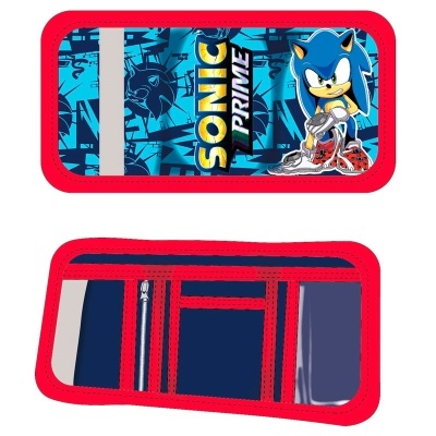 Carteira azul e vermelha com imagem do Sonic e compartimentos internos