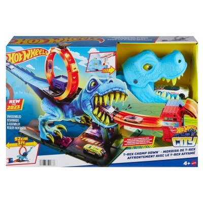 Brinquedo Hot Wheels T-Rex Chomp Down com pista e carros na embalagem