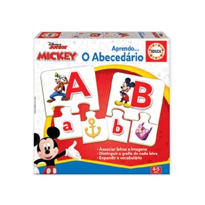 Caixa do jogo educativo Aprendo... O Abecedário Disney Junior Mickey com letras e imagens.