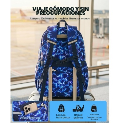 Mochila azul com padrão de relâmpagos brancos num aeroporto, encaixada na mala de viagem prateada.