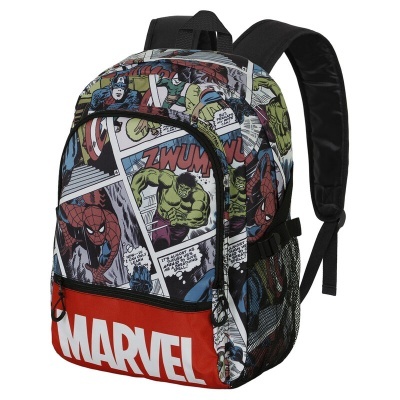 Mochila Marvel com padrão de banda desenhada colorido e texto 'MARVEL' em branco no bolso frontal vermelho
