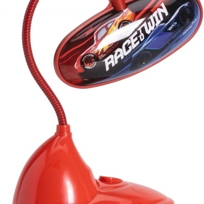 Luminária de secretária vermelha com gráficos de carros de corrida e texto 'RACE TWIN'