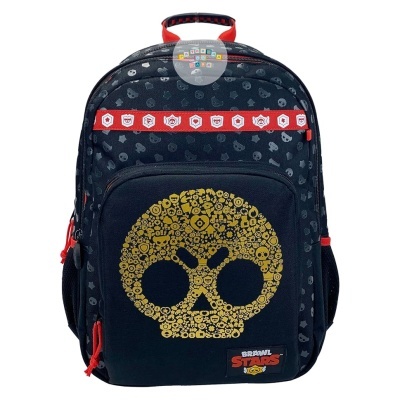 Mochila preta com caveira amarela e detalhes vermelhos