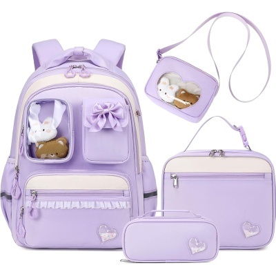 Mochila, bolsa, estojo e estojo pequeno lilás com corações transparentes e ursinhos pelúcia