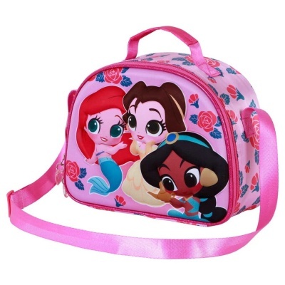 Bolsa infantil rosa com personagens Ariel, Bela e Jasmine em estilo cartoon