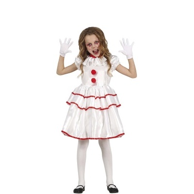 Criança com vestido branco e vermelho, luvas brancas, collants brancas e maquiagem assustadora