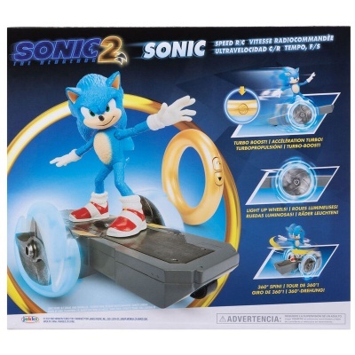 Brinquedo Sonic 2 com figura do personagem azul e base preta com rodas azuis na caixa azul