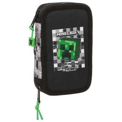 Estojo preto e cinzento Minecraft com imagem verde pixelada e fecho verde