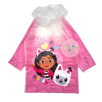 Parka impermeável infantil rosa com desenho de menina e gato branco