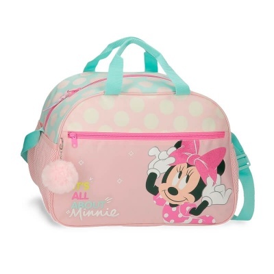 Mala de viagem infantil rosa com Minnie Mouse e alças azuis