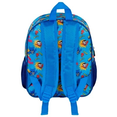 Mochila infantil azul com estampado de banda desenhada e alças acolchoadas