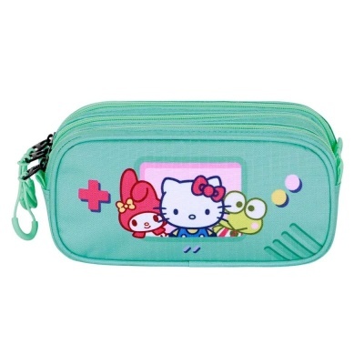 Estojo verde claro com personagens My Melody, Hello Kitty e Keroppi na frente