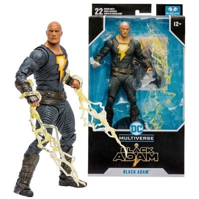 Figura de ação Black Adam com roupa preta e raio amarelo com embalagem
