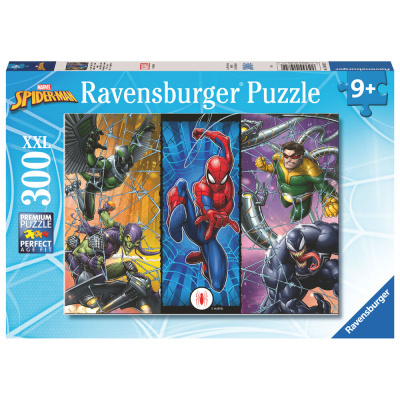 Caixa de puzzle Ravensburger Spider-Man de 300 peças com imagem de Spider-Man e vilões