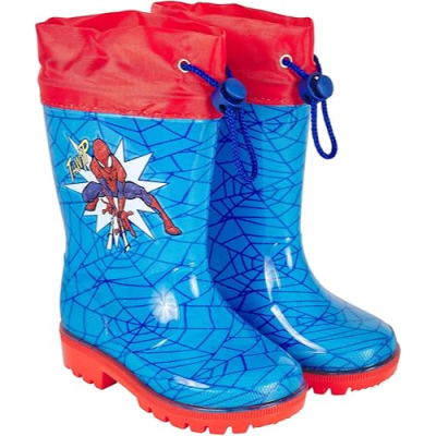 Botas de chuva azuis com padrão de teias, sola vermelha, ajuste vermelho com cordão e ilustração Homem-Aranha
